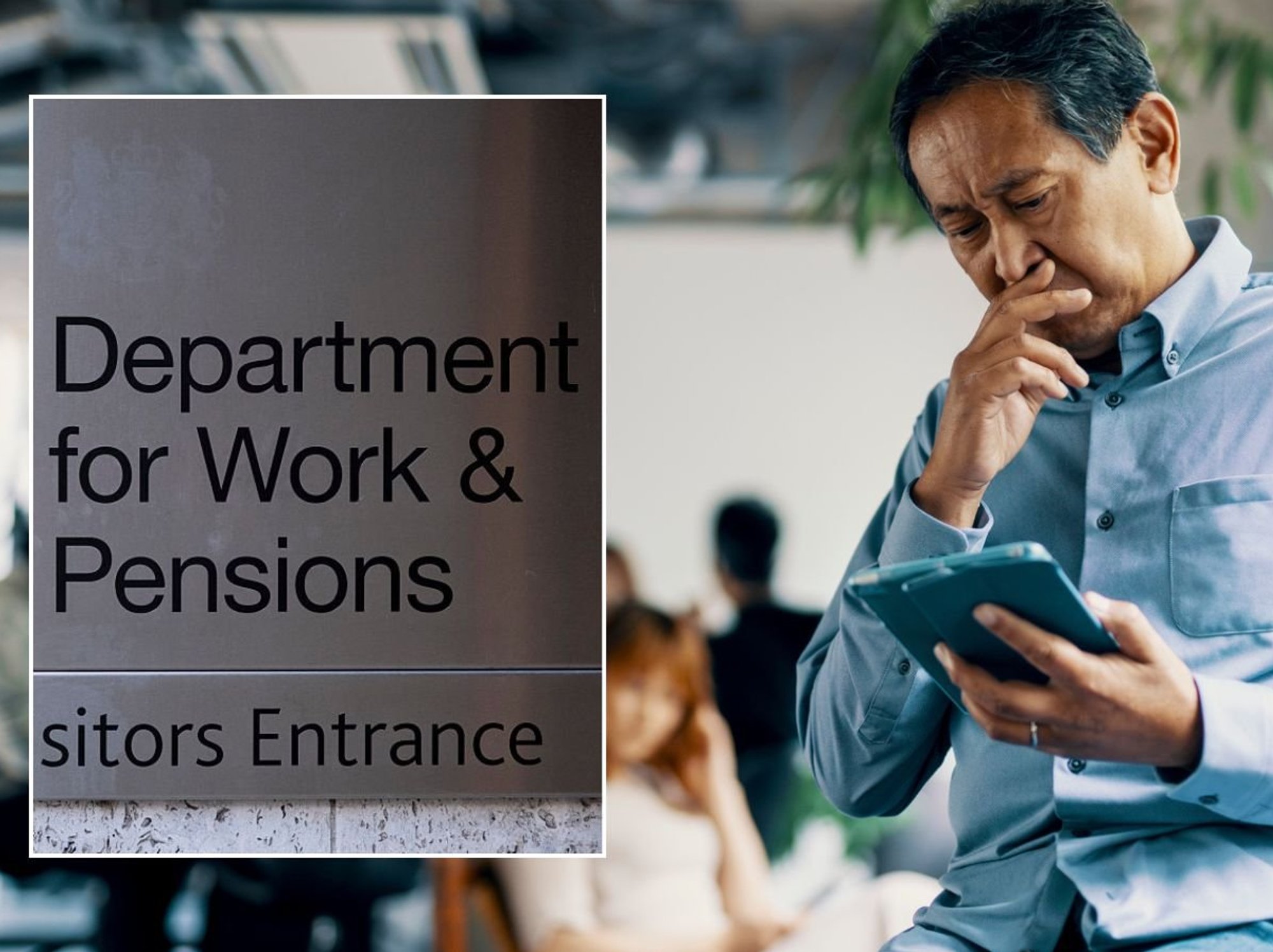 Older man looking sat tablet and DWP sign