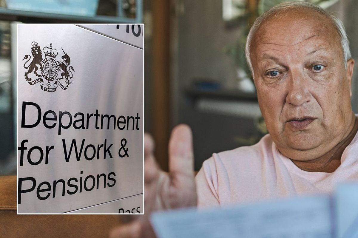 Older man looking shocked and DWP sign