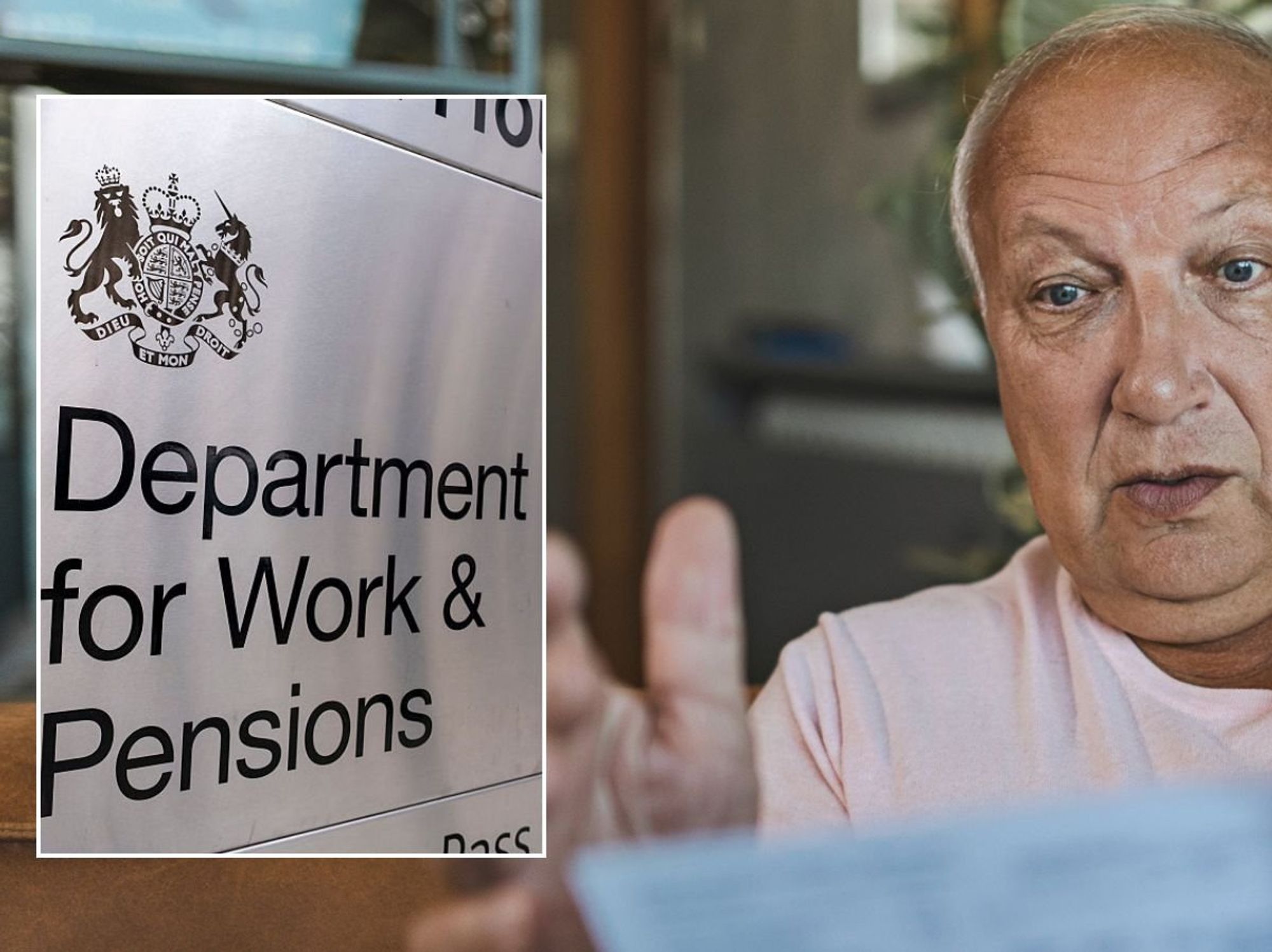 Older man looking shocked and DWP sign