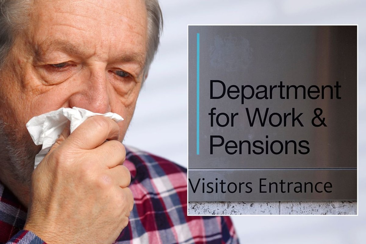 Older man looking sick and DWP sign