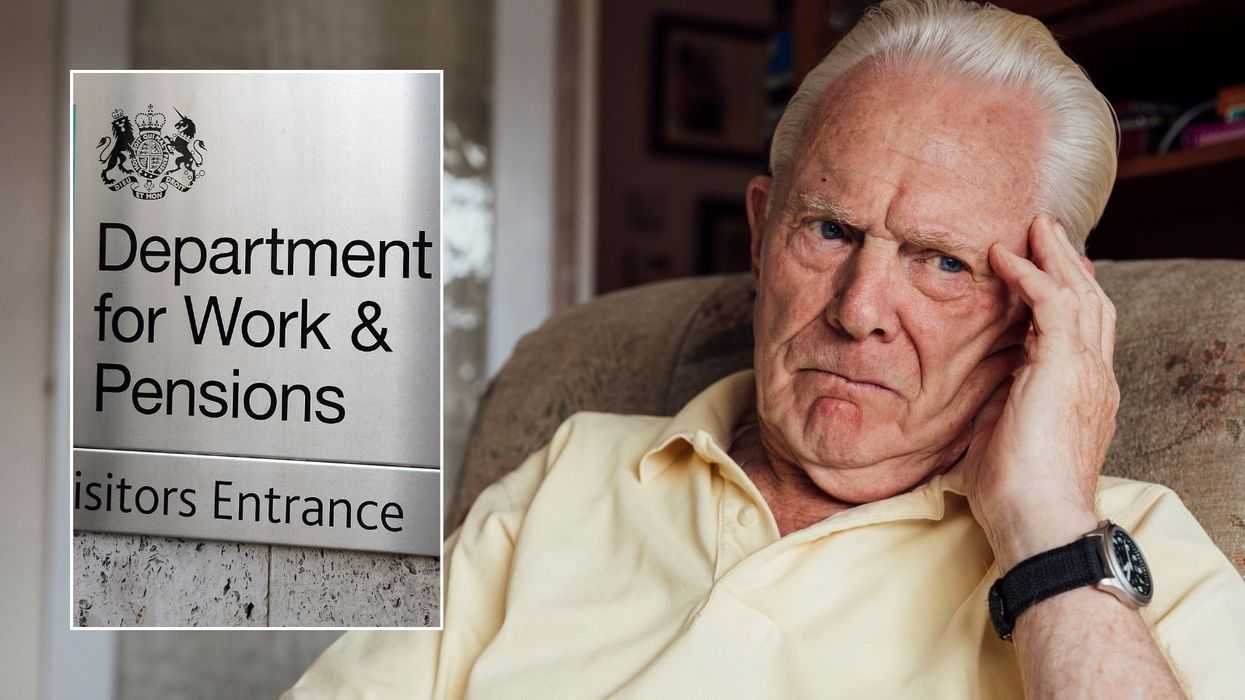 Older man looking worried and DWP sign