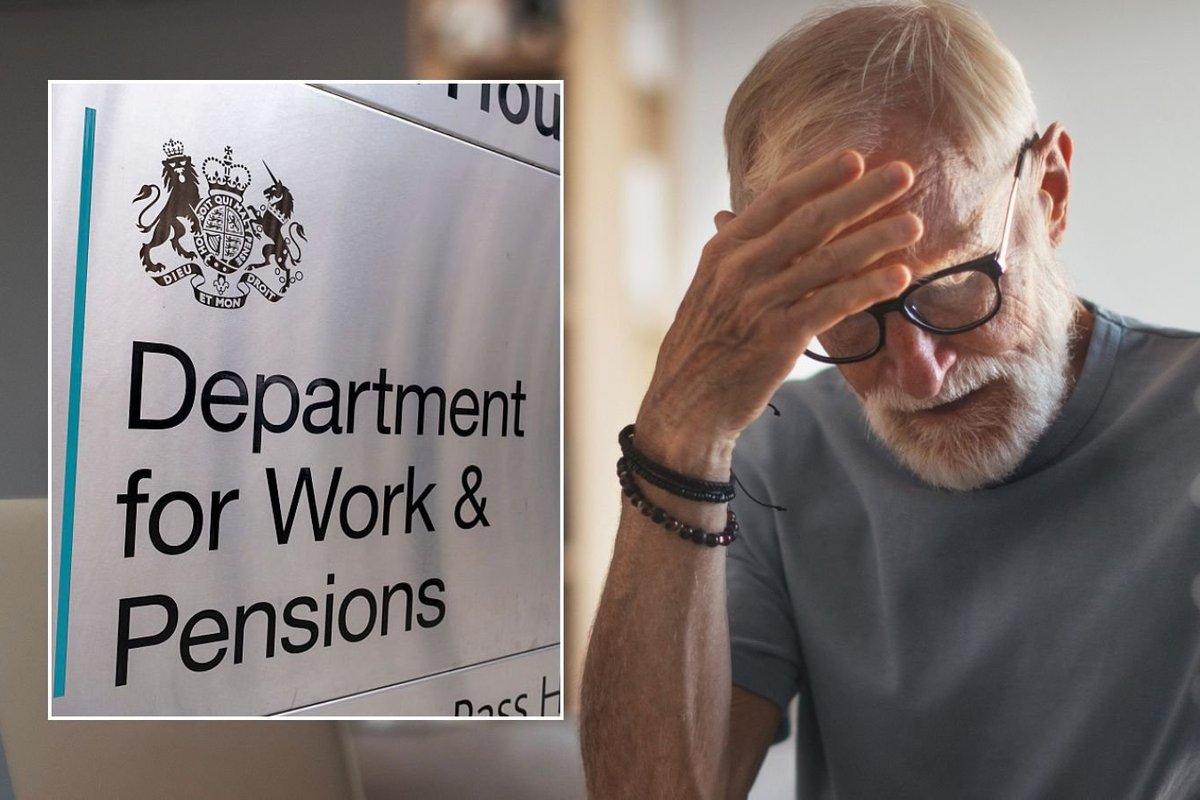Older man looking worried and DWP sign