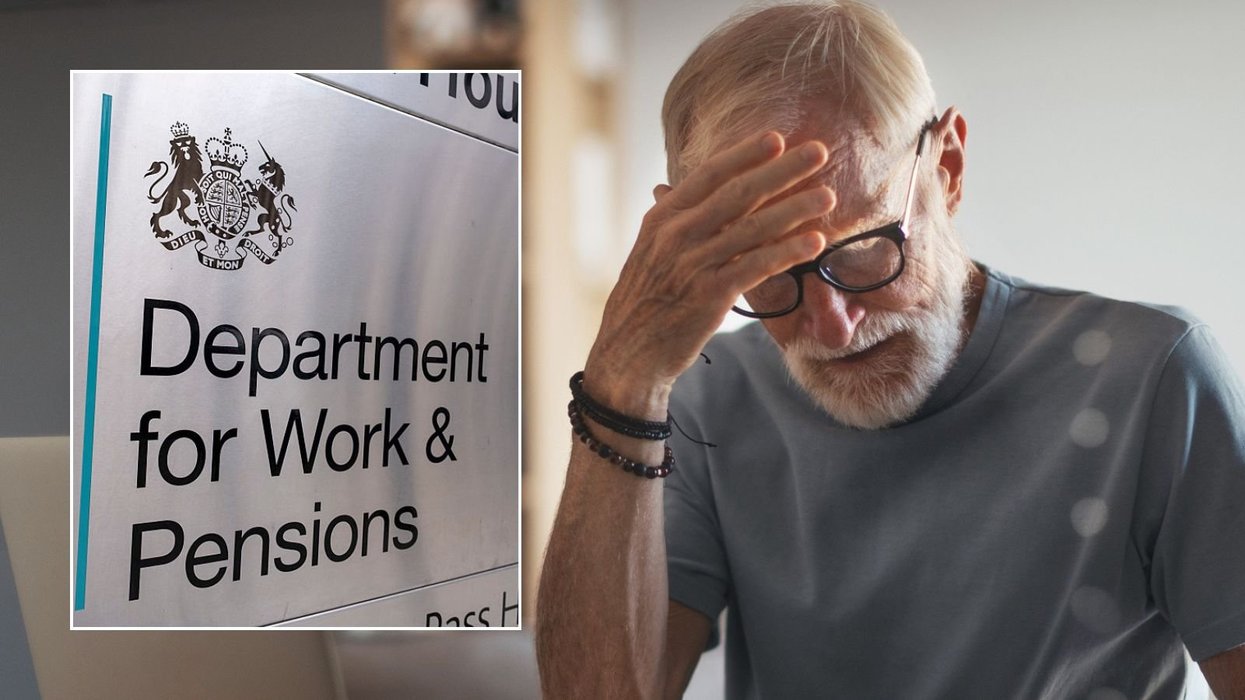 Older man looking worried and DWP sign