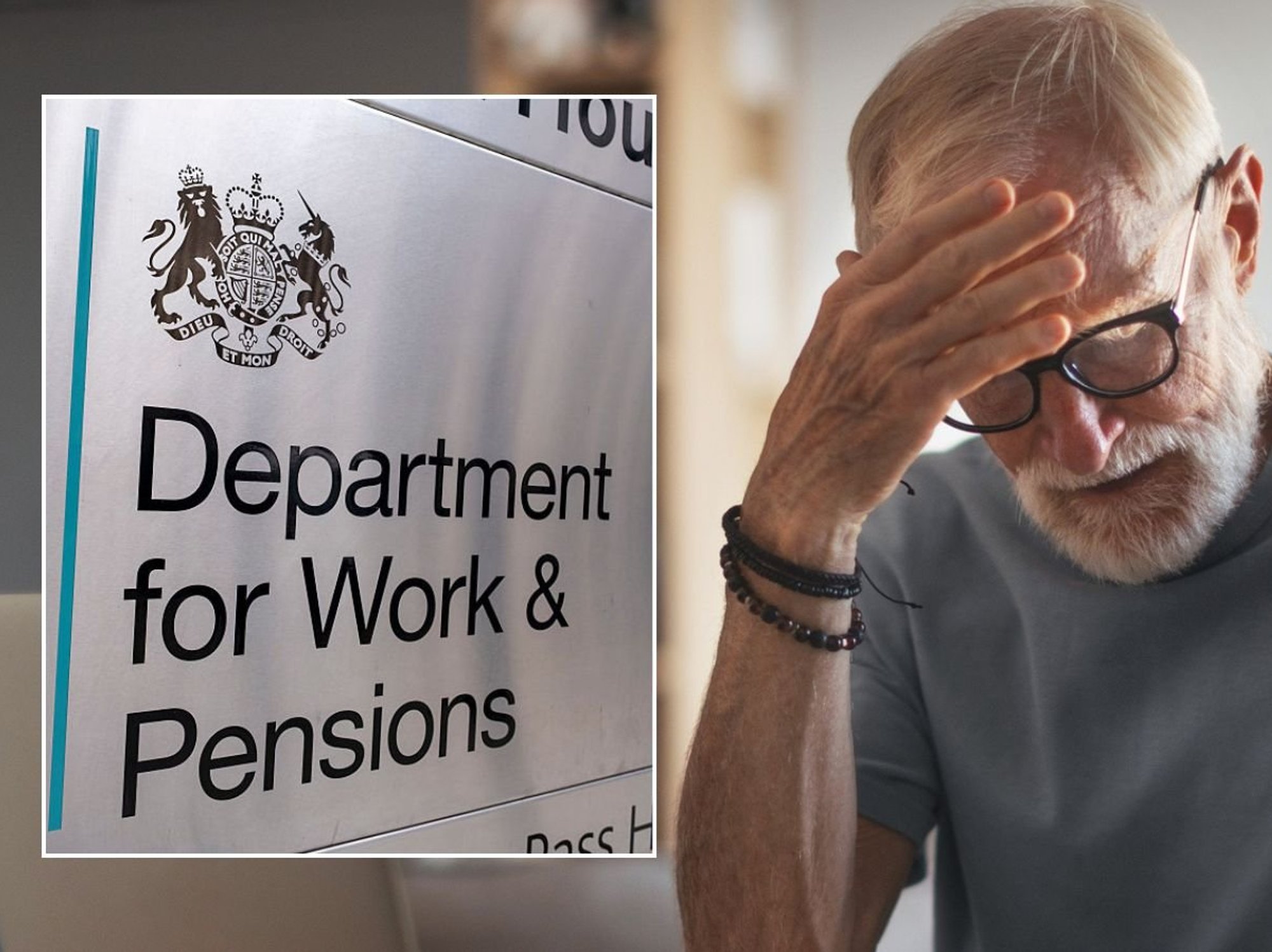 Older man looking worried and DWP sign