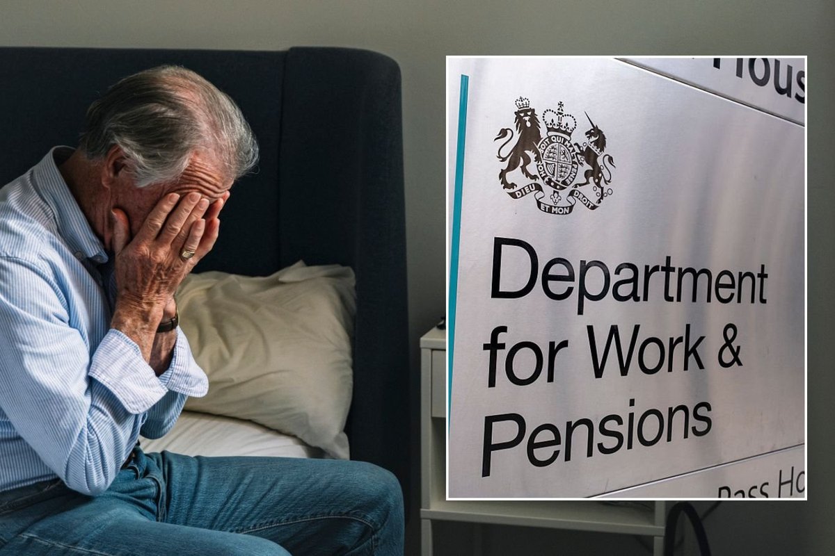 Older man looking worried and DWP sign