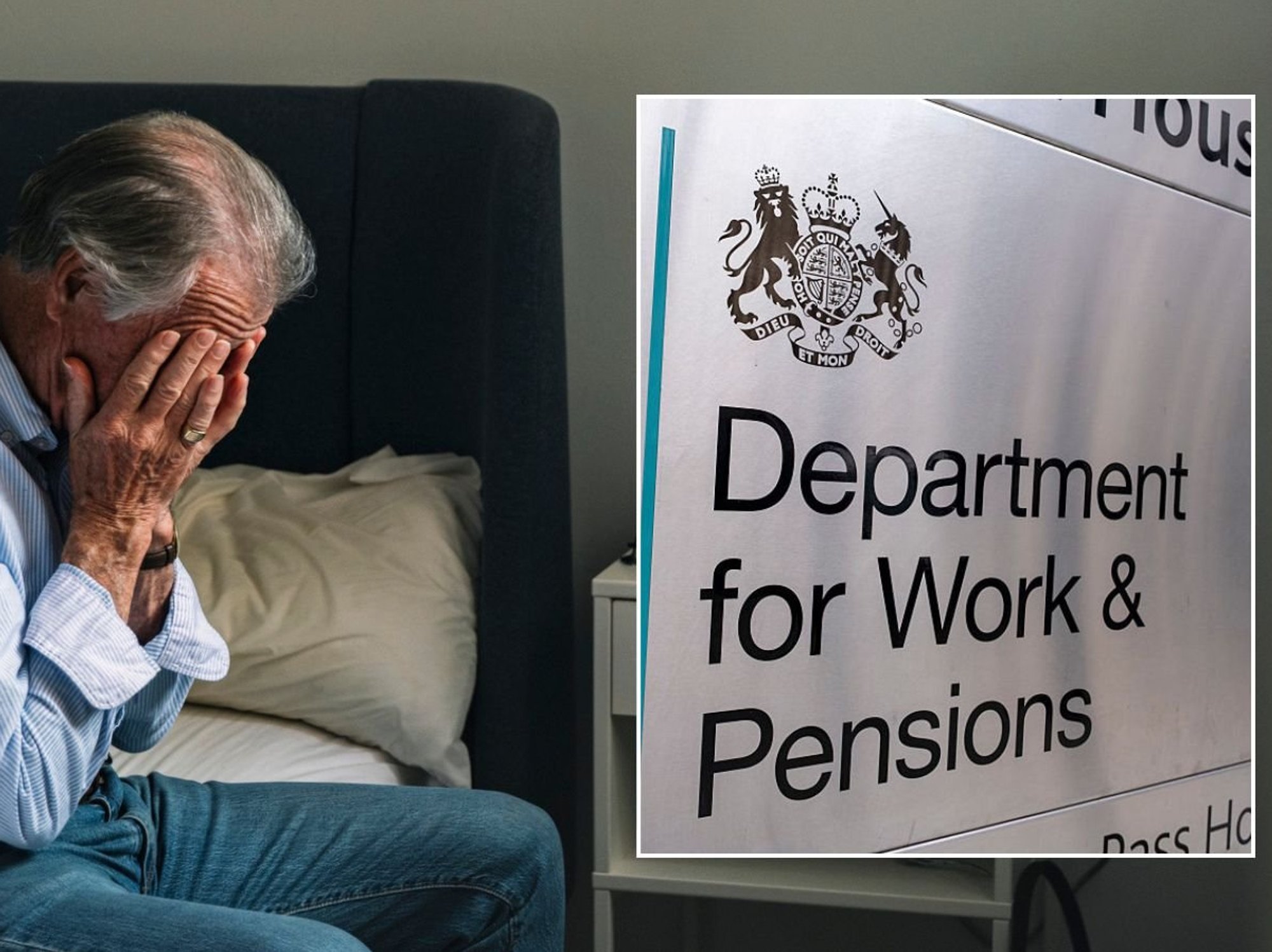 Older man looking worried and DWP sign