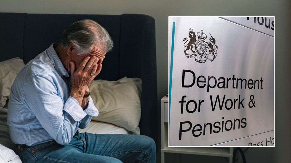 Older man looking worried and DWP sign