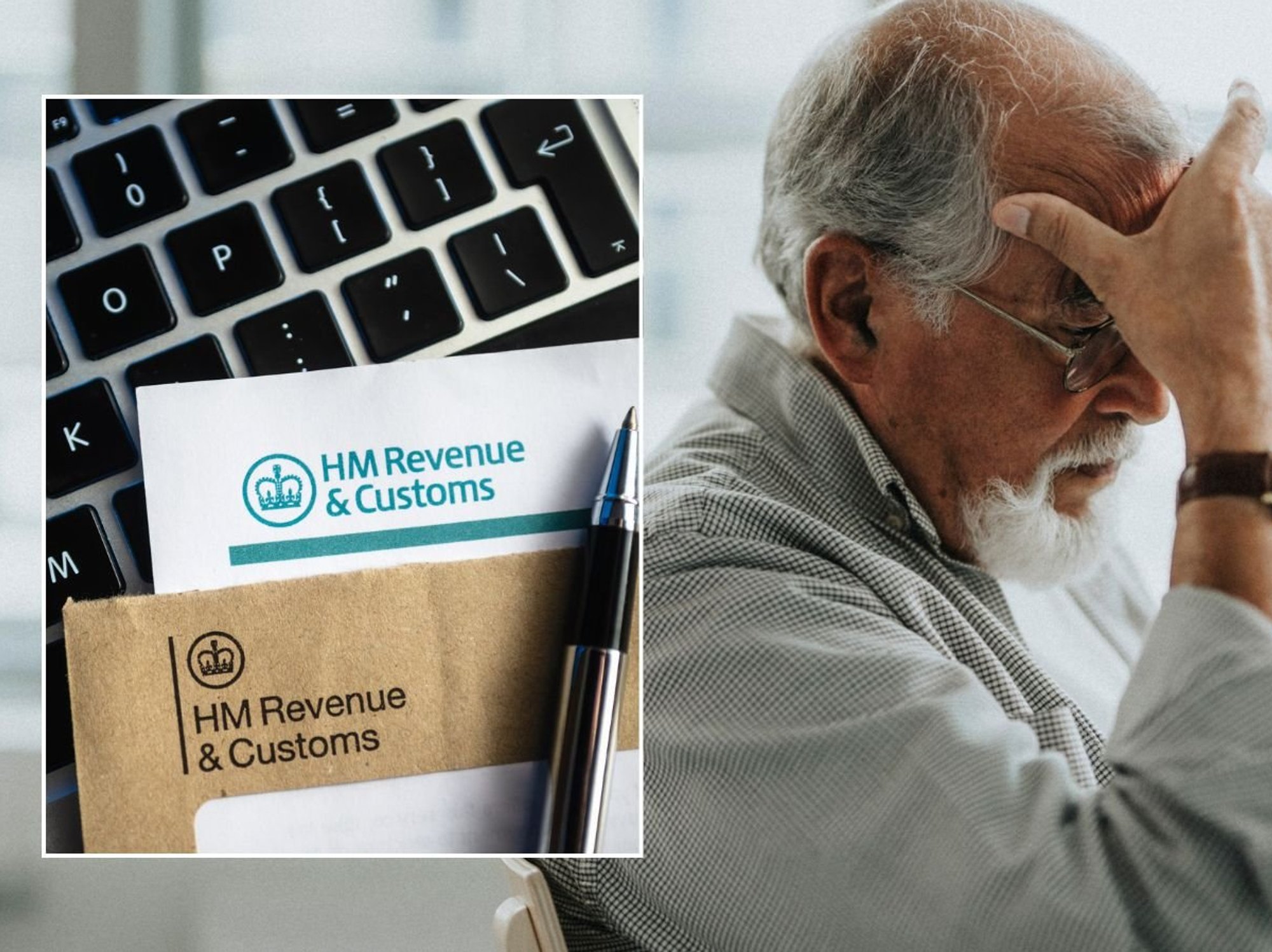 Older man looking worried and HMRC letter