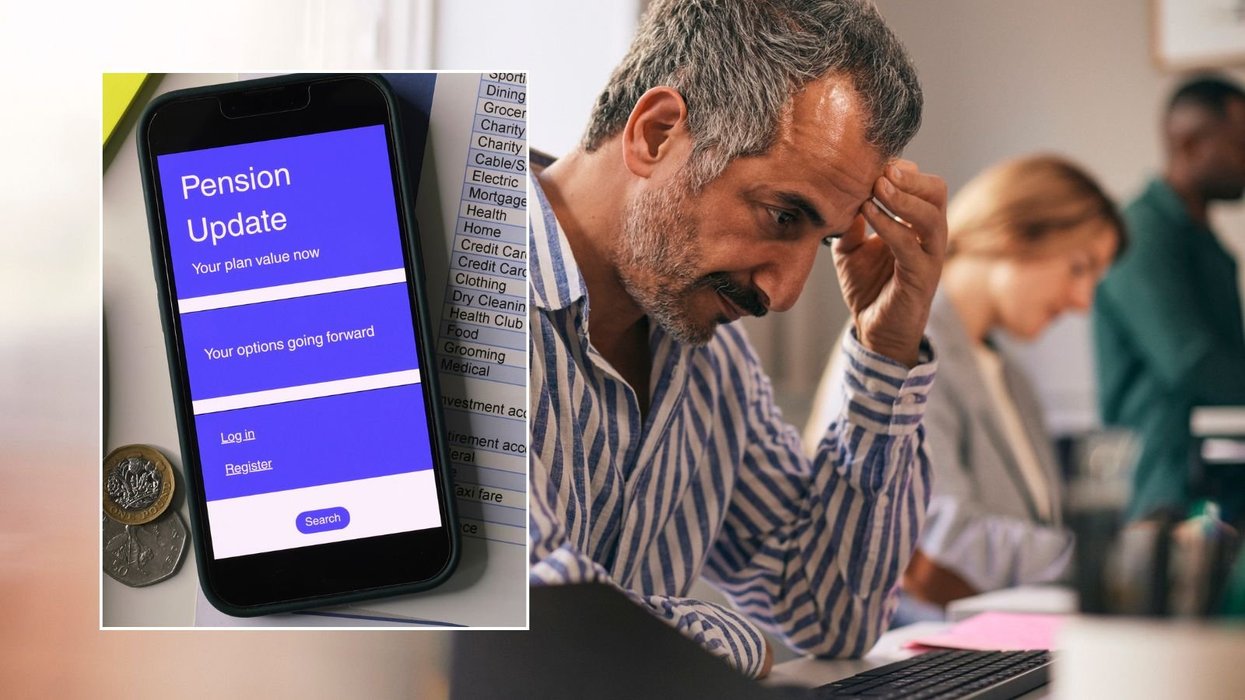 Older man looking worried and pension account on phone
