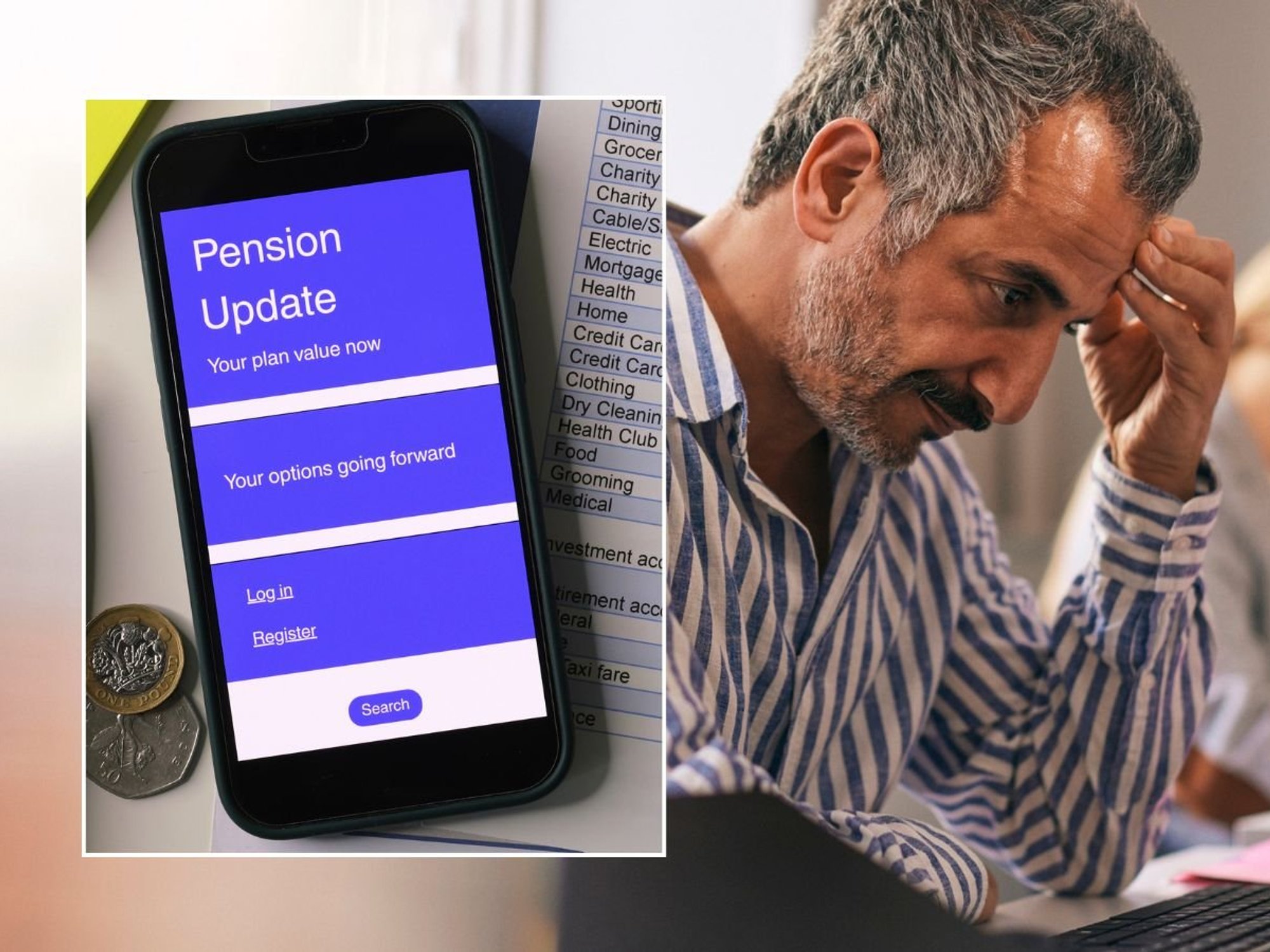 Older man looking worried and pension account on phone
