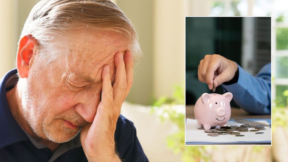 Older man looking worried and piggy bank
