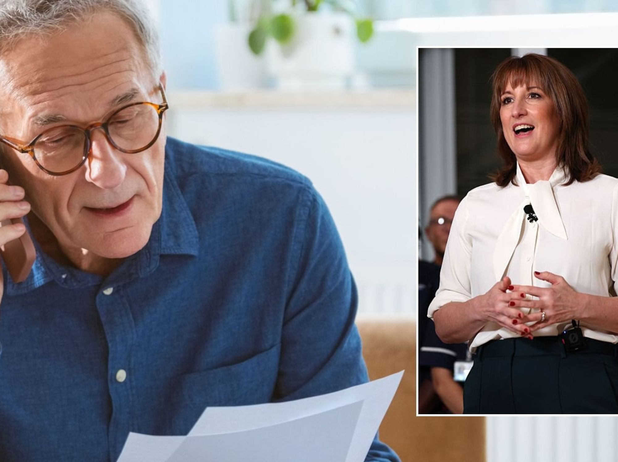 Older man on the phone and Rachel Reeves