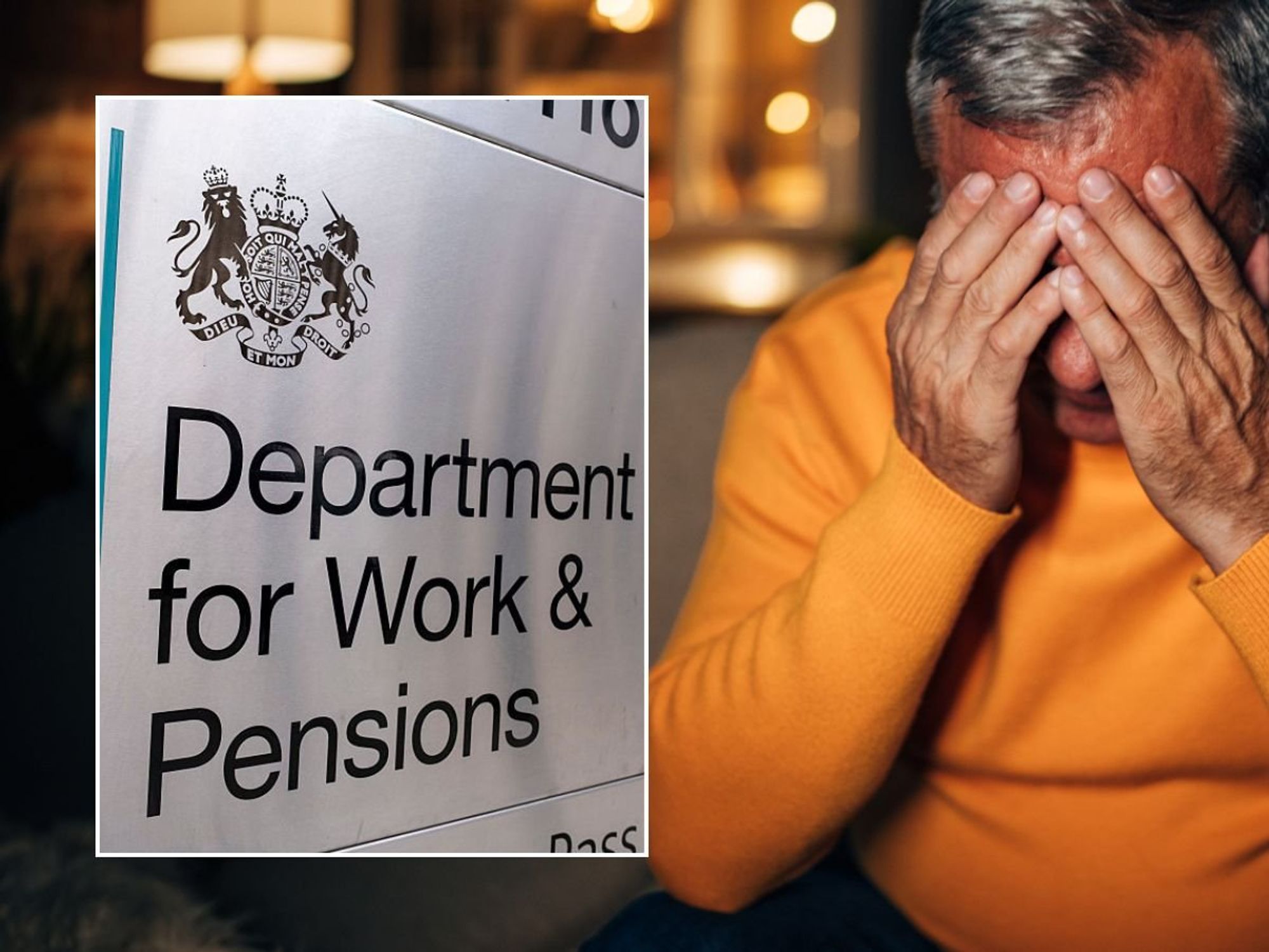 Older man worried and DWP sign