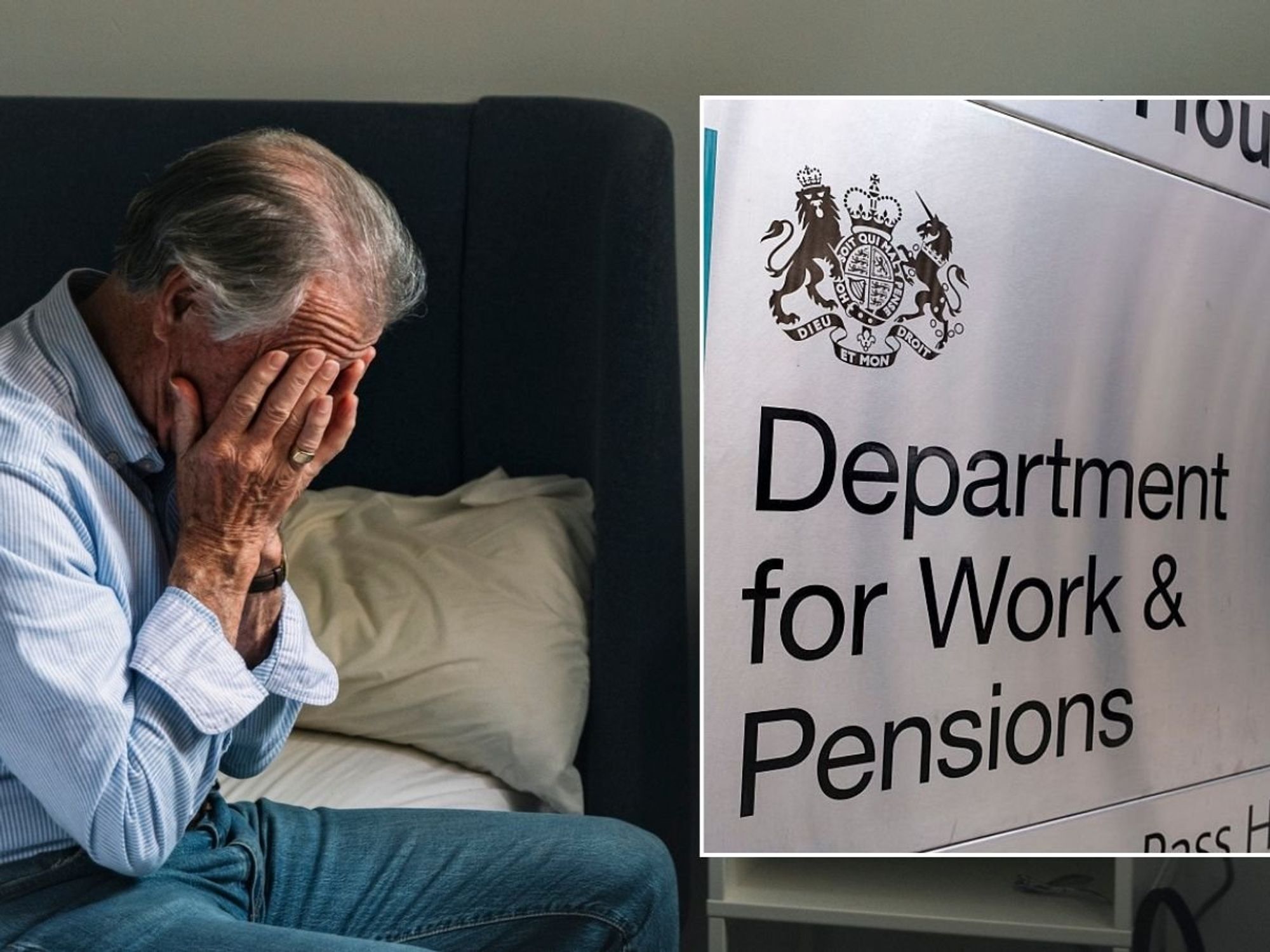 Older man worried and DWP sign