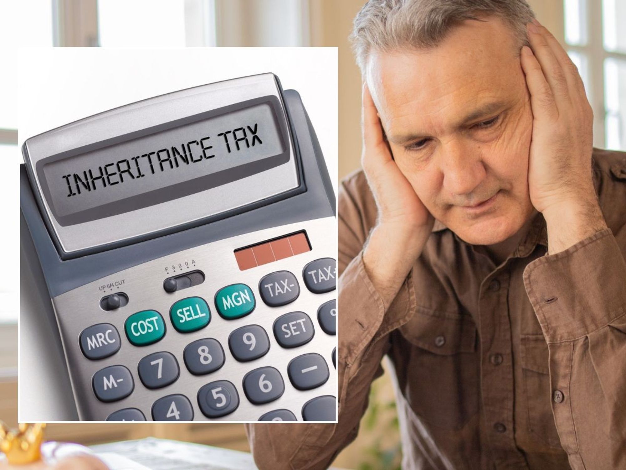 Older man worried and inheritance tax sign