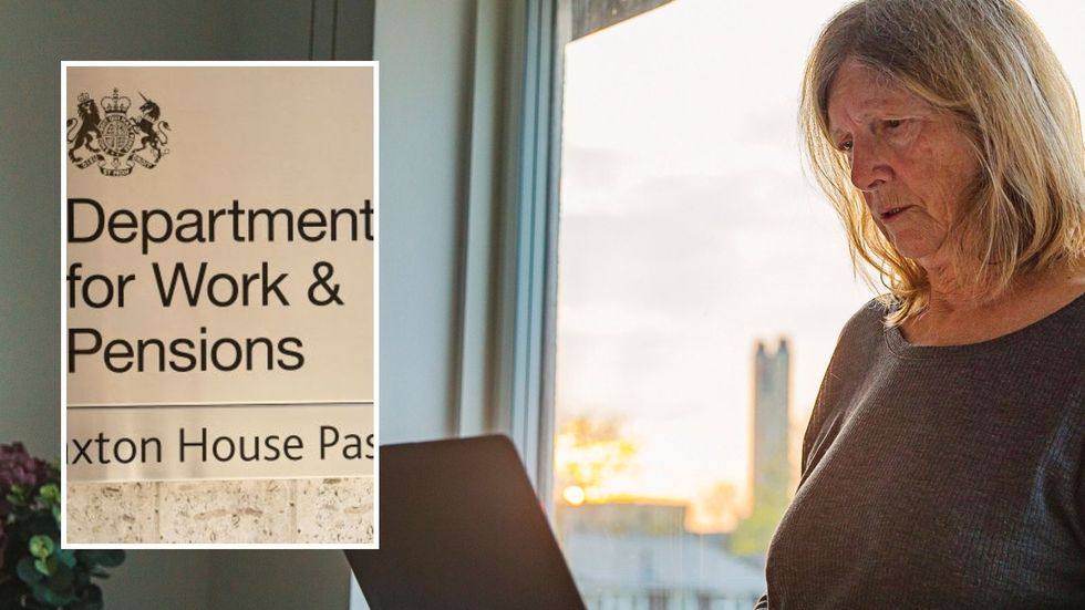Older woman and DWP sign