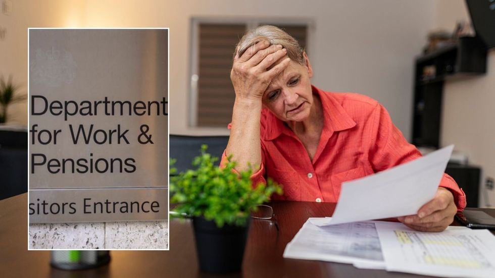 Older woman and DWP sign