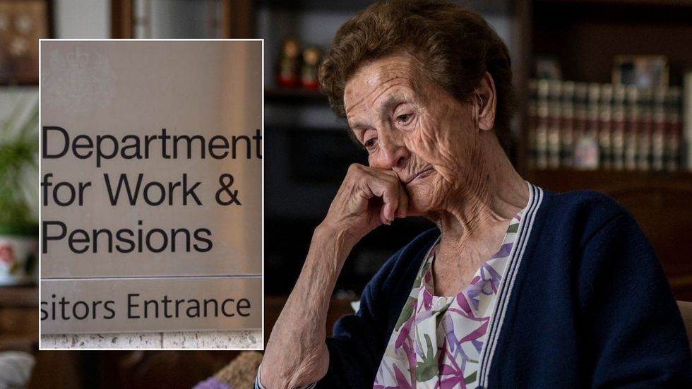 Older woman and DWP sign