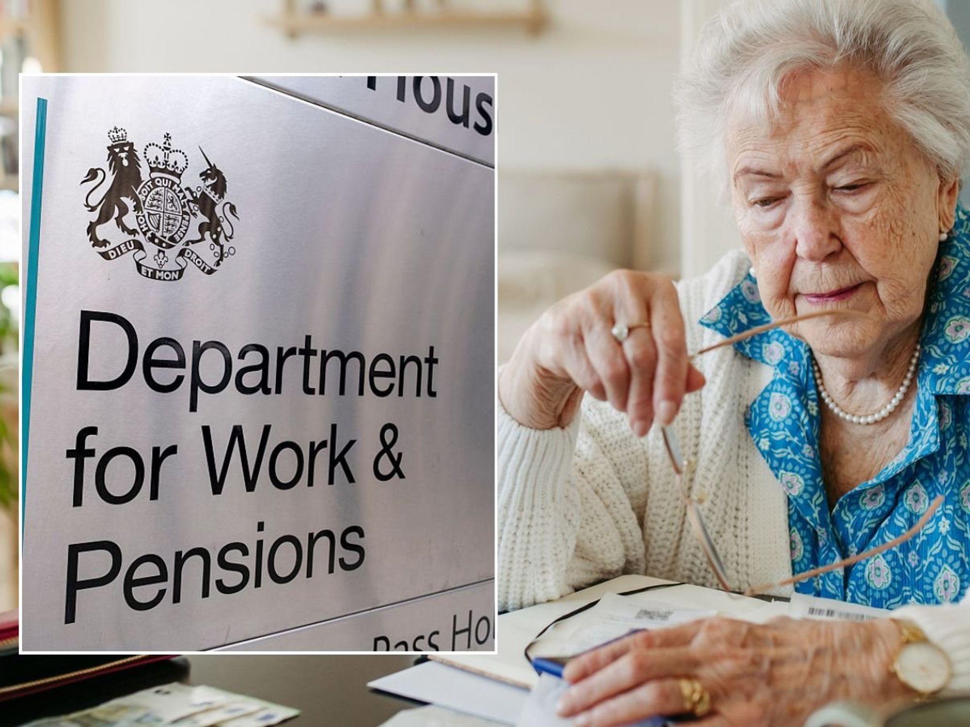 Older woman and DWP sign
