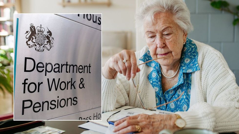 Older woman and DWP sign