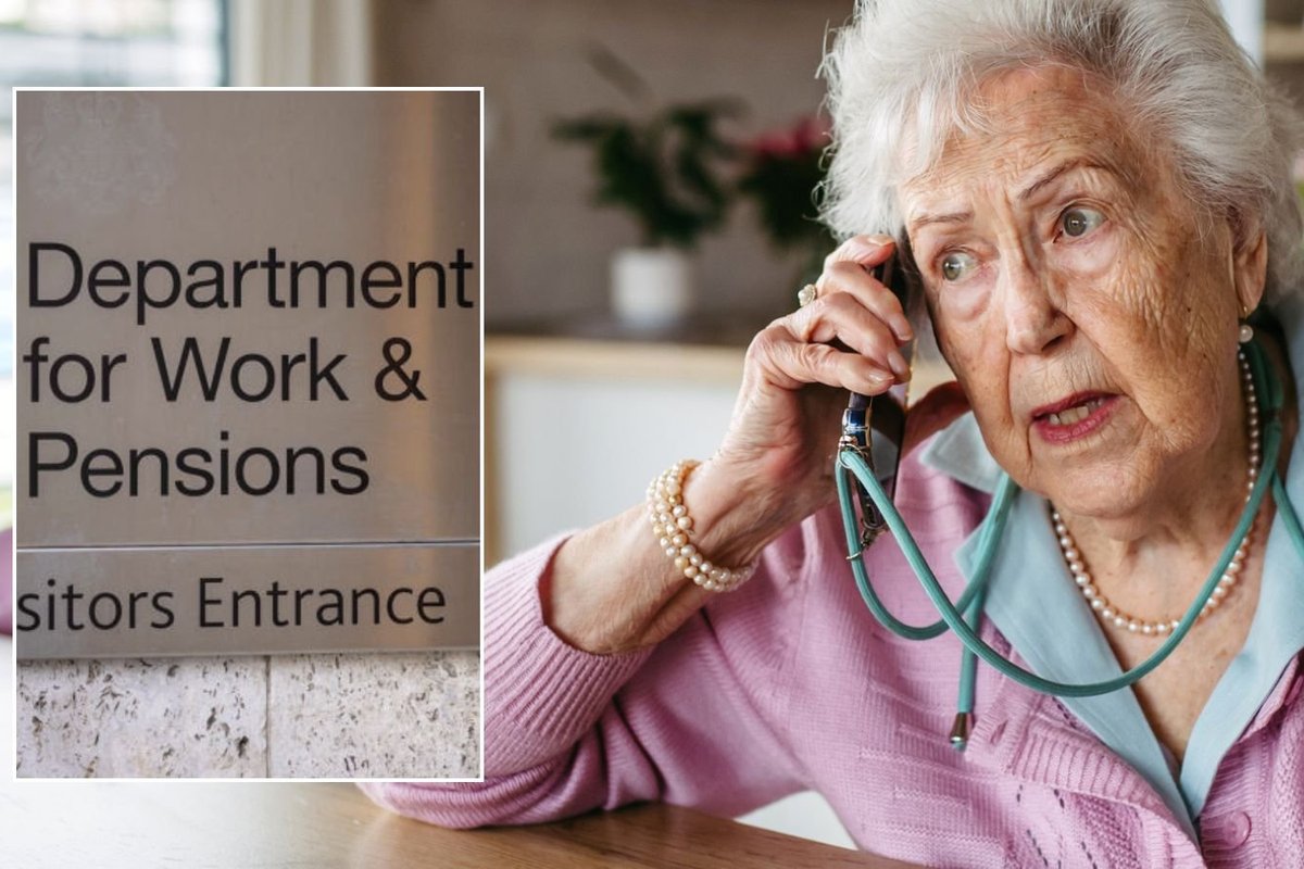 Older woman and DWP sign