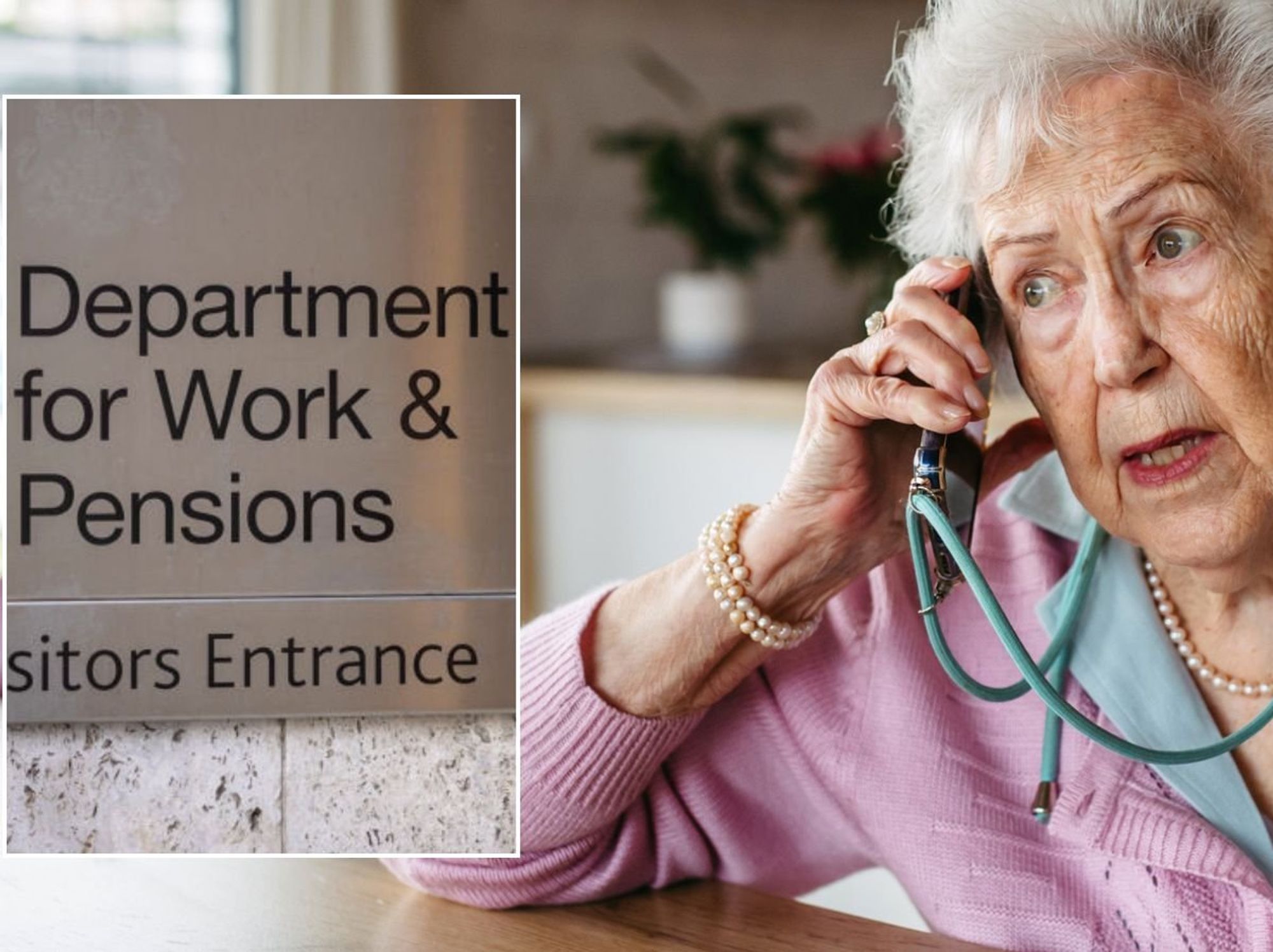 Older woman and DWP sign