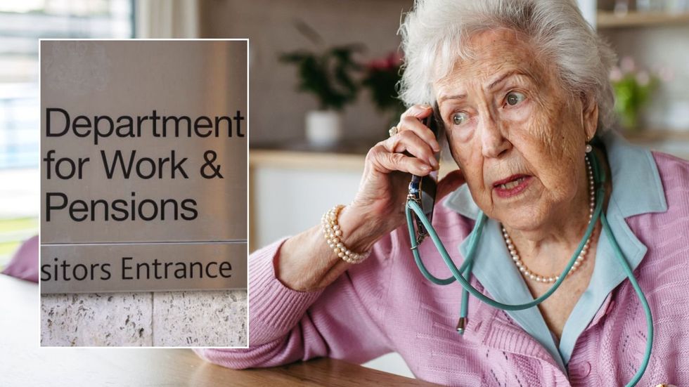 Older woman and DWP sign