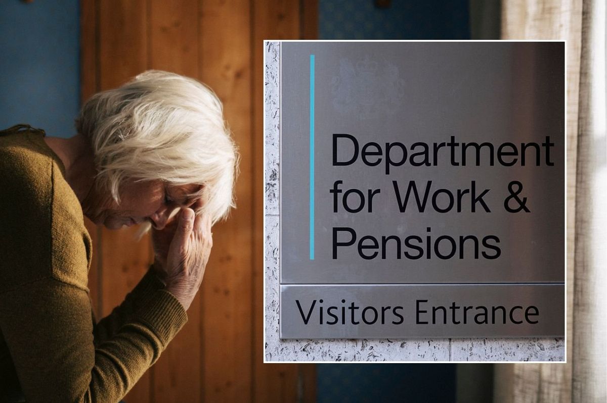 Older woman and DWP sign