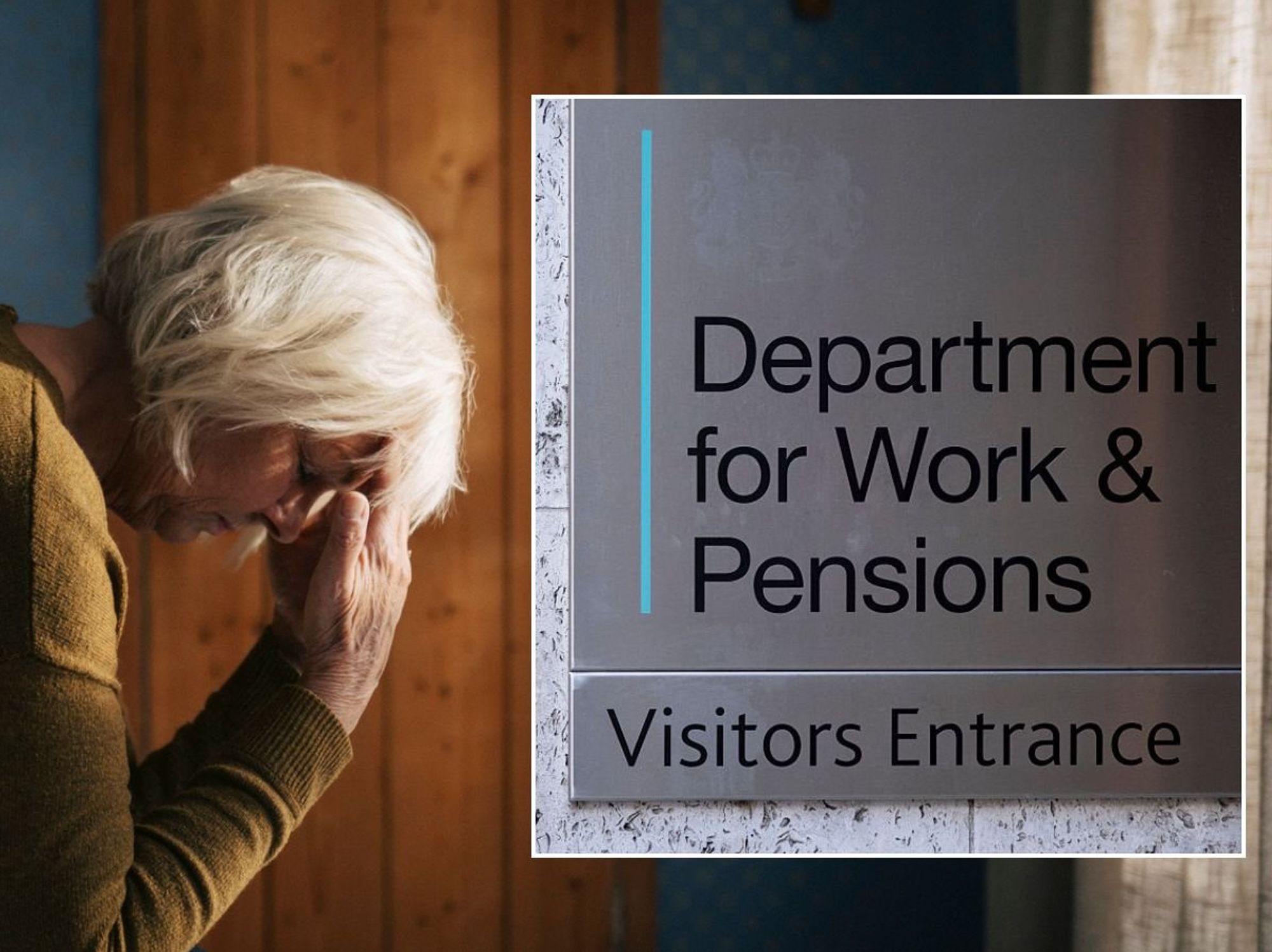 Older woman and DWP sign