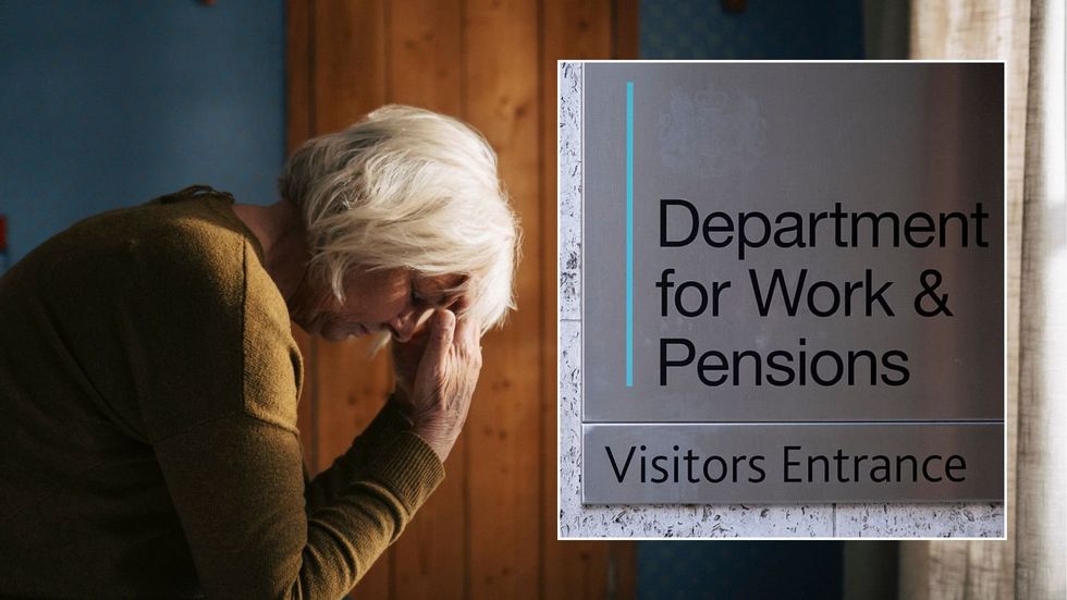 Older woman and DWP sign