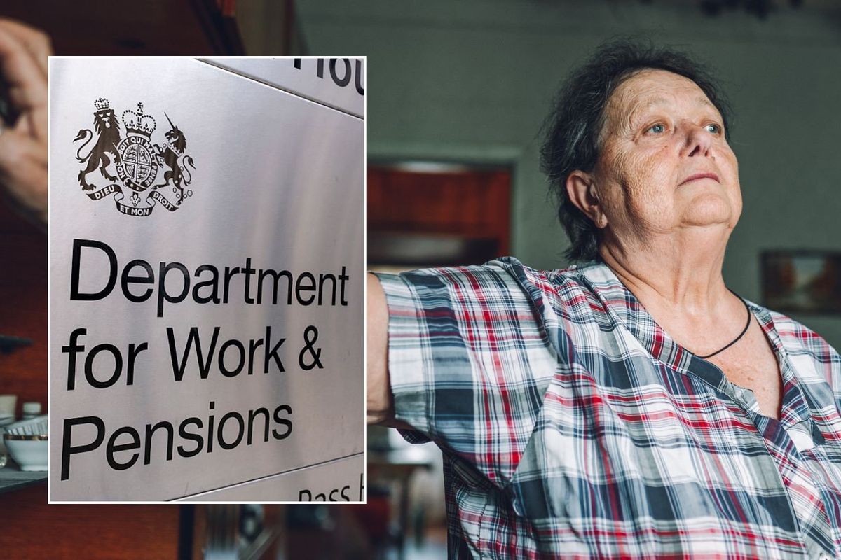 Older woman and DWP sign
