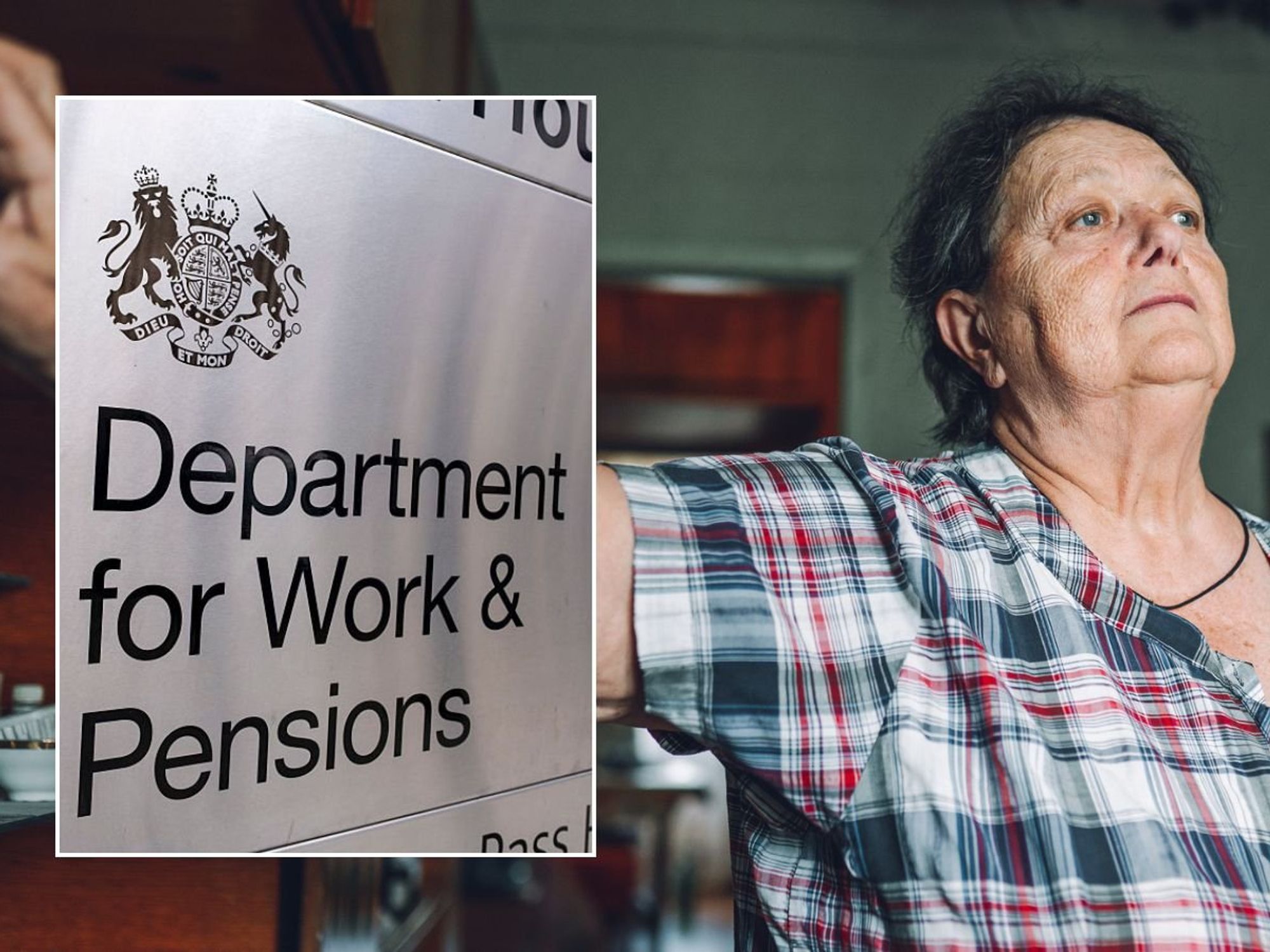 Older woman and DWP sign