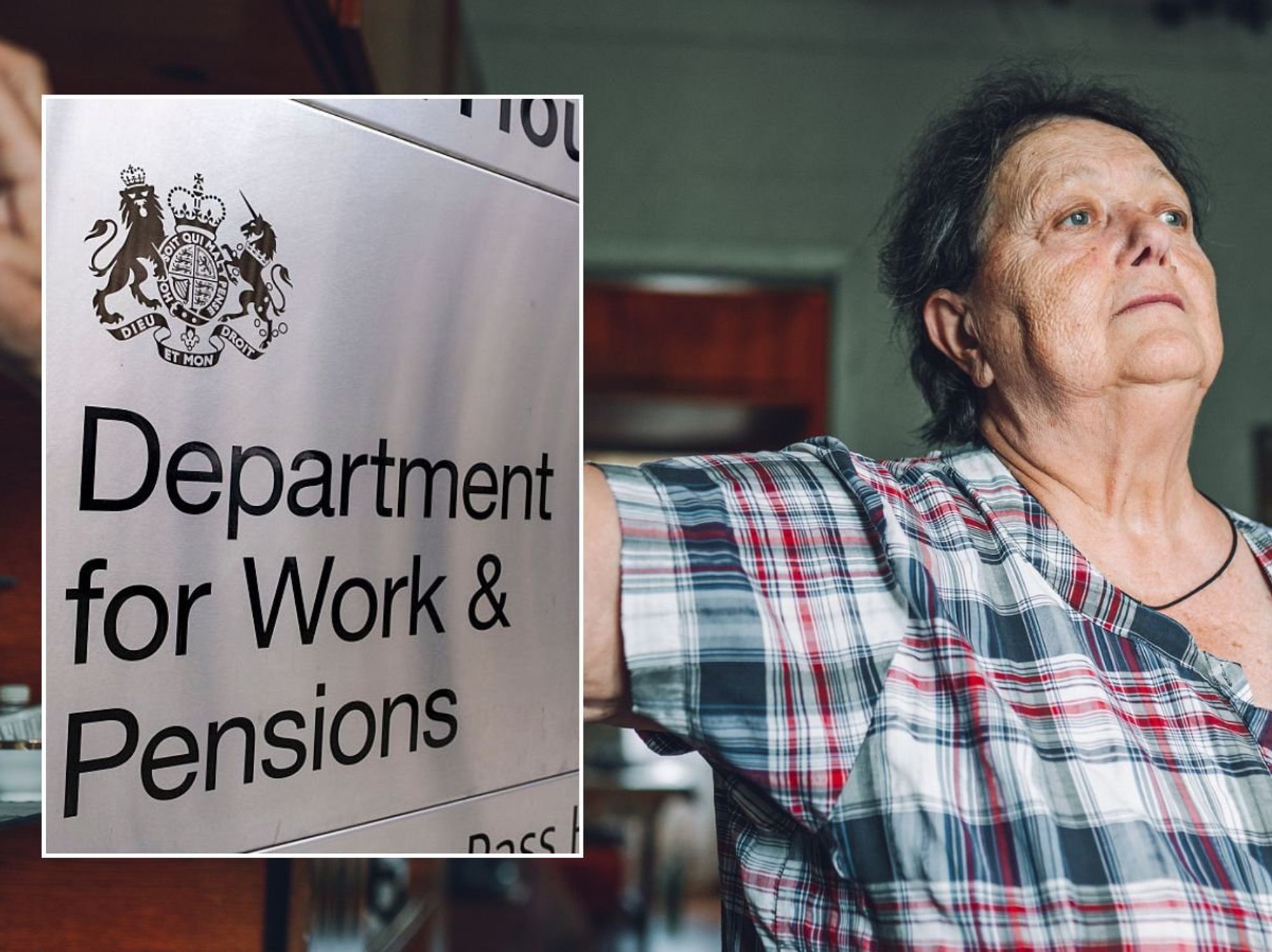 Older woman and DWP sign
