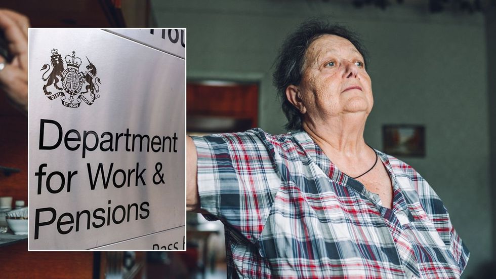 Older woman and DWP sign