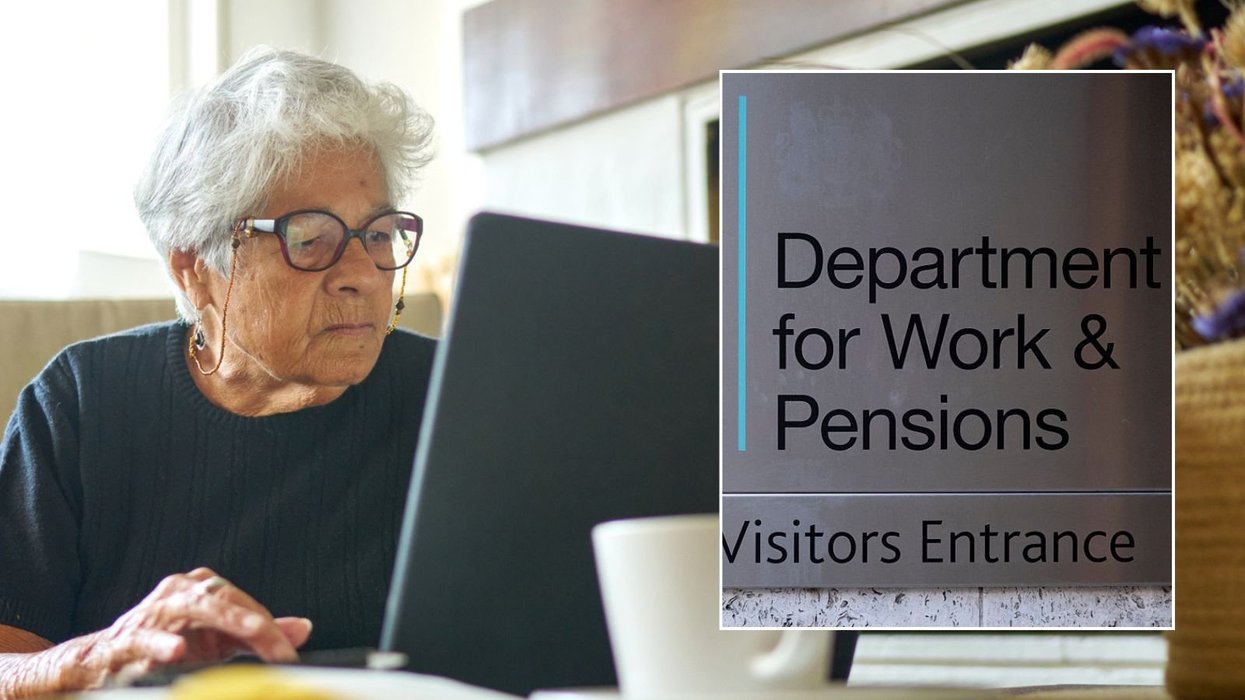 Older woman and DWP sign