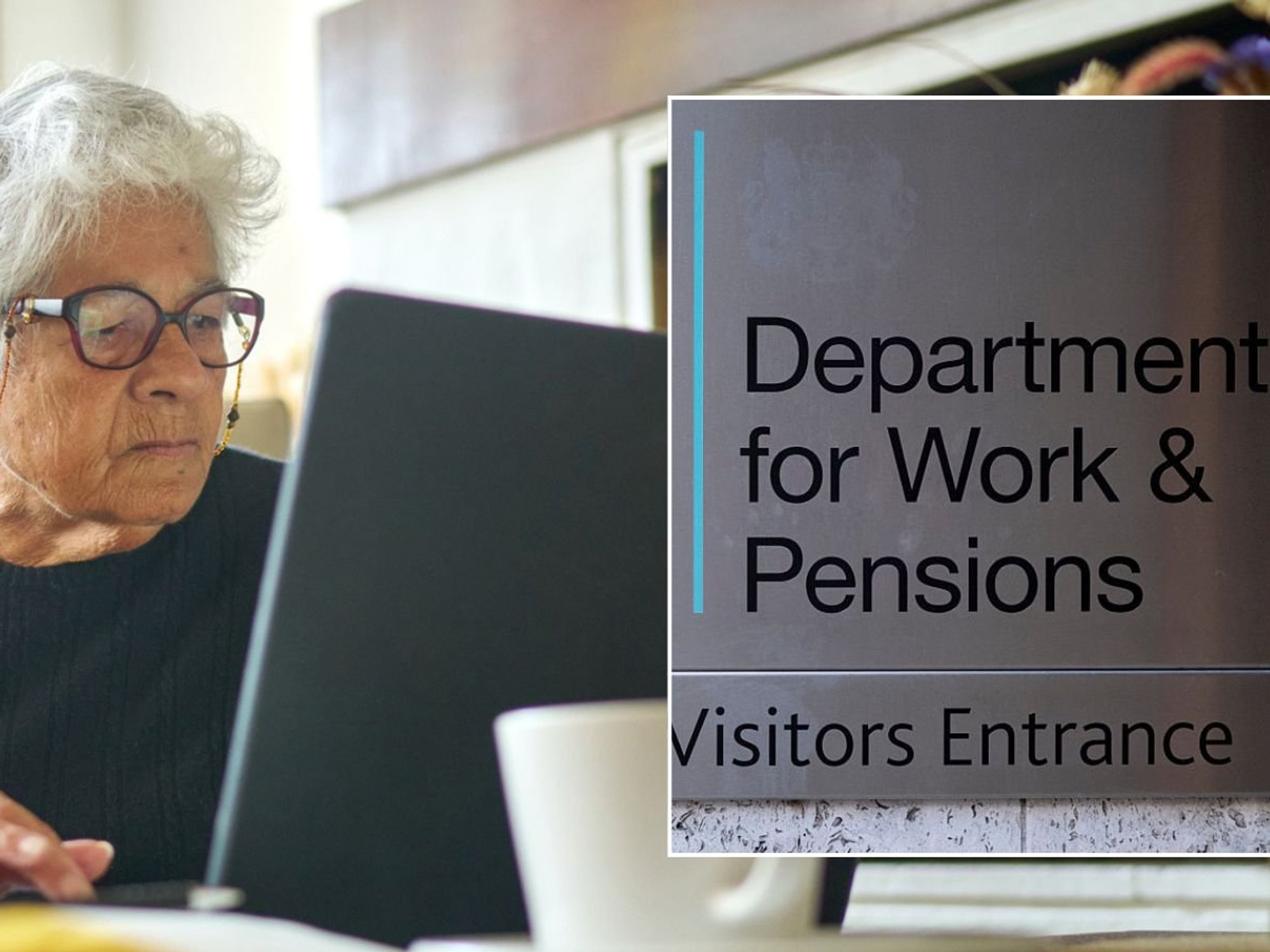 Older woman and DWP sign