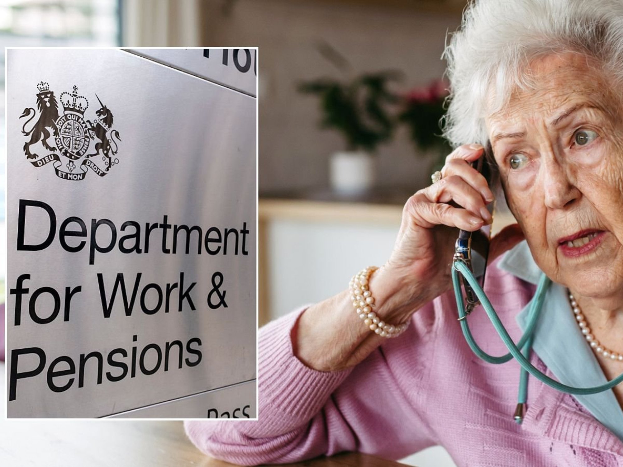 Older woman and DWP sign