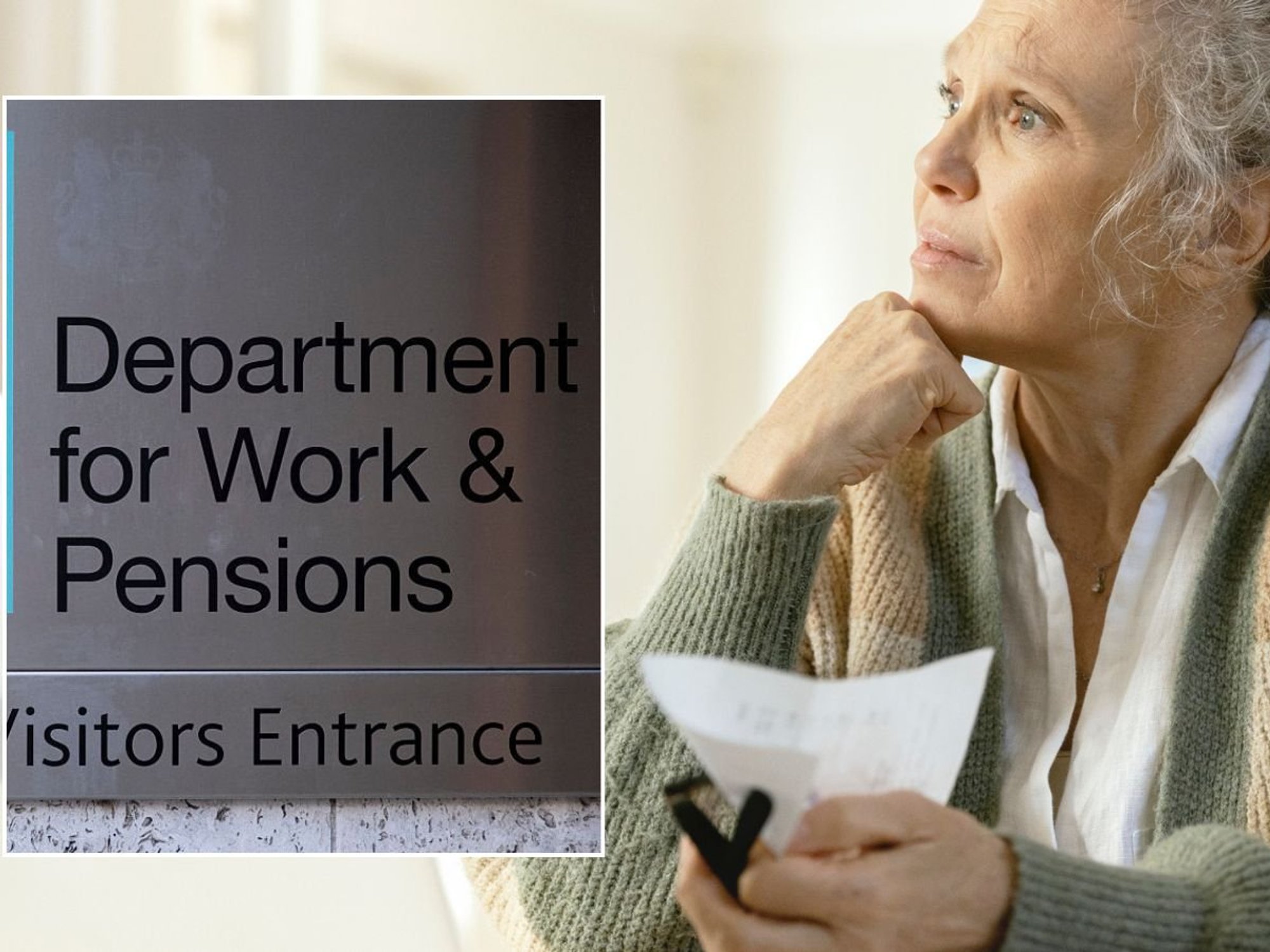 Older woman and DWP sign