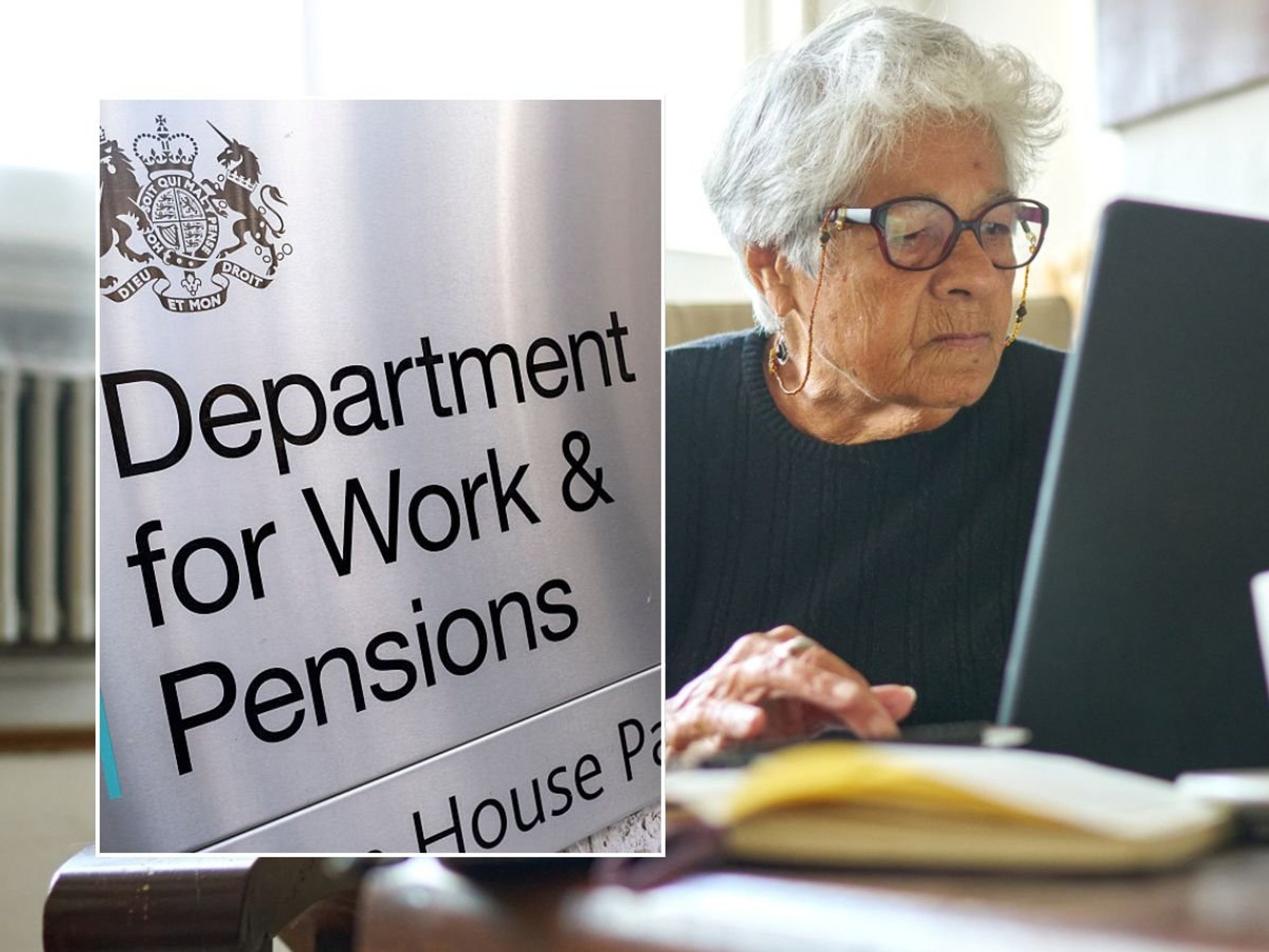 Older woman and DWP sign