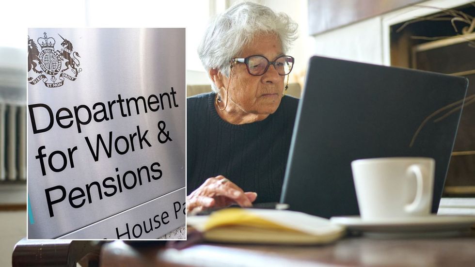 Older woman and DWP sign