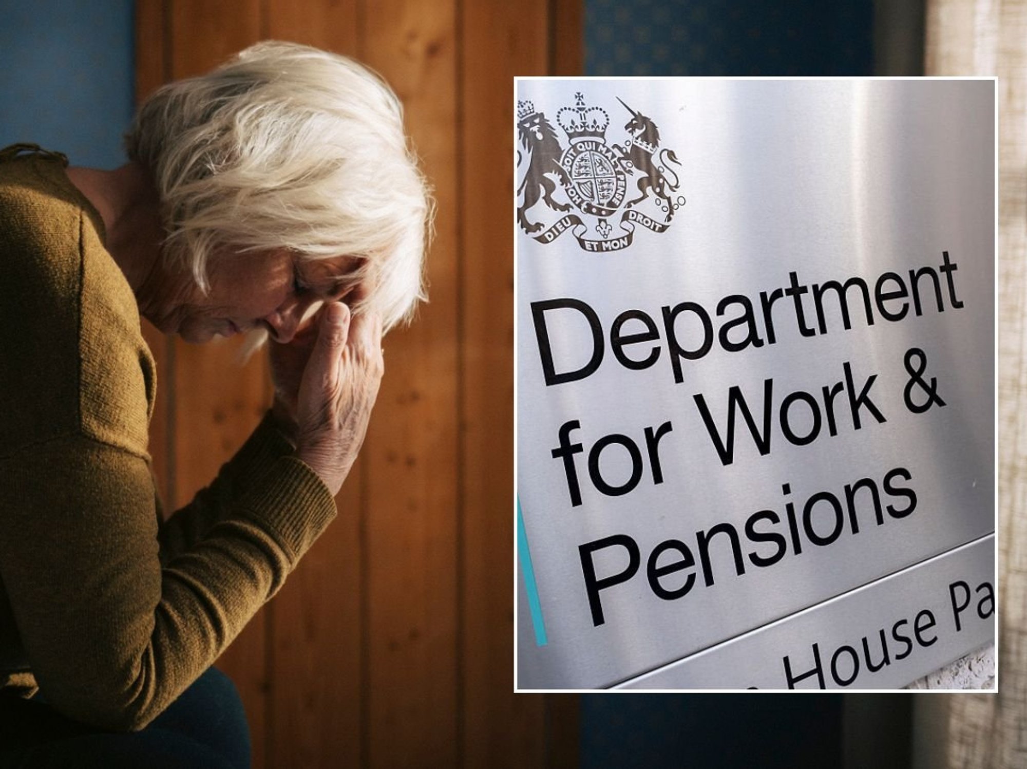 Older woman and DWP sign