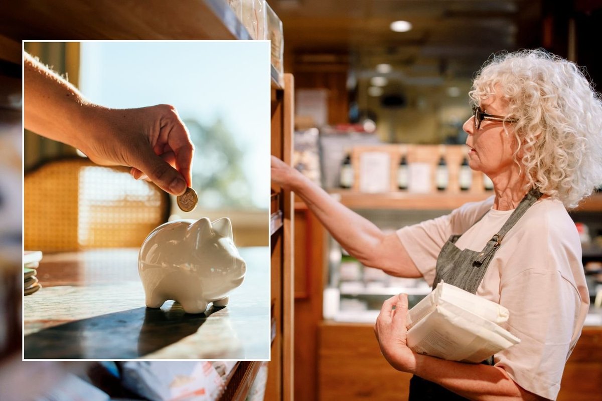 Older woman and piggy bank