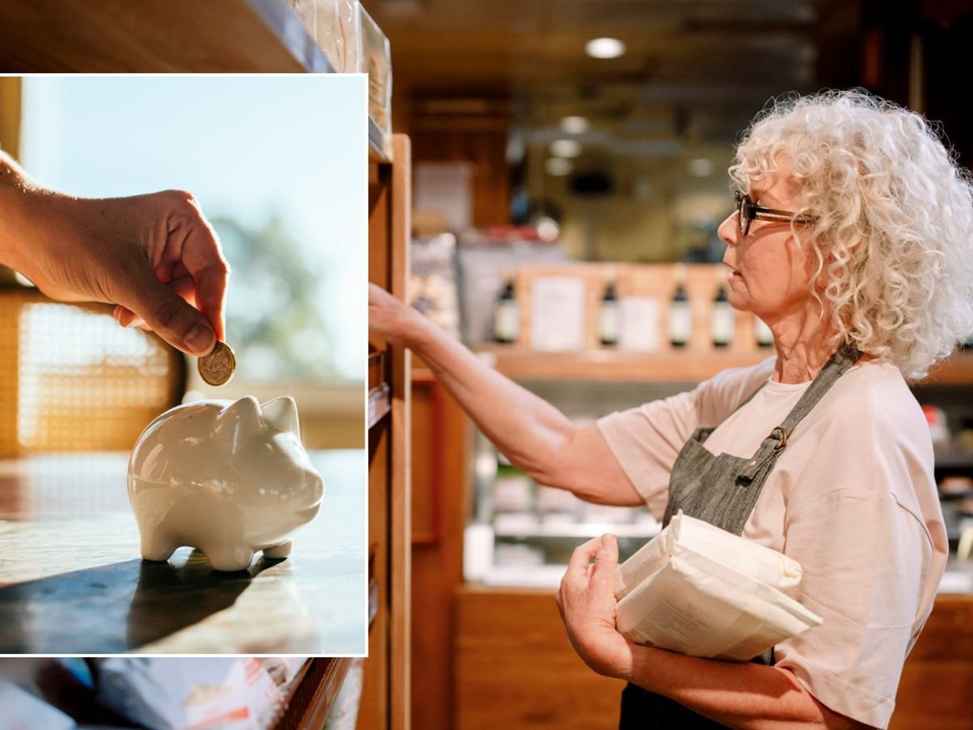Older woman and piggy bank