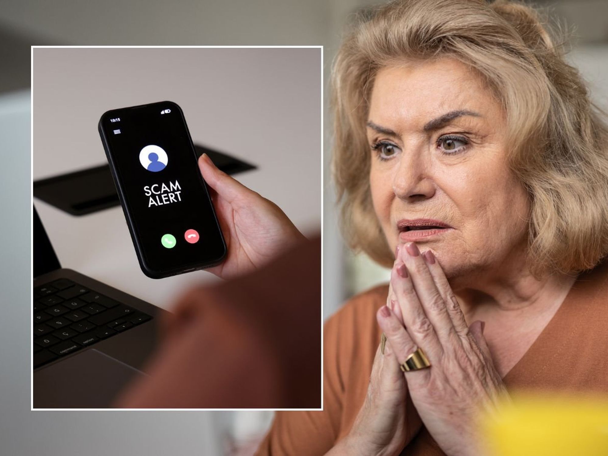 Older woman and scammer on the phone