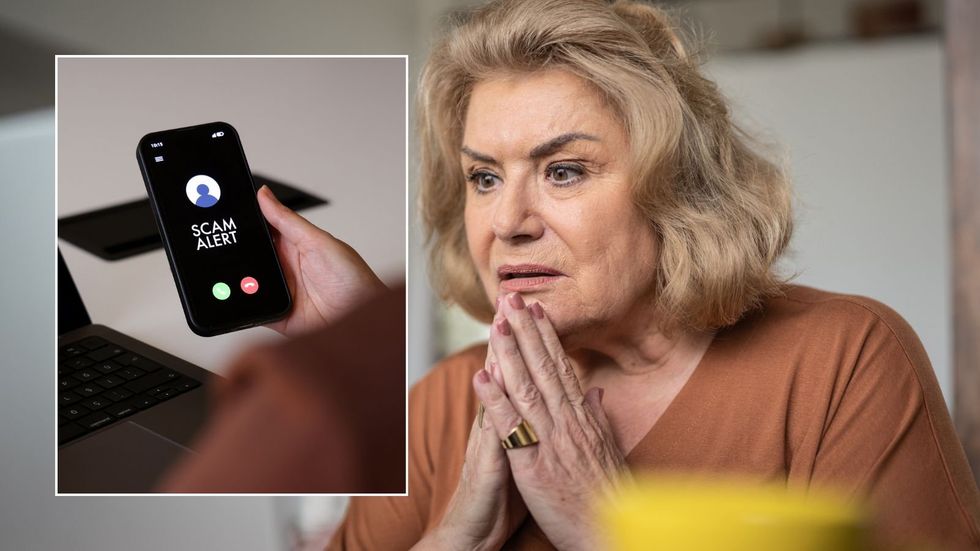 Older woman and scammer on the phone