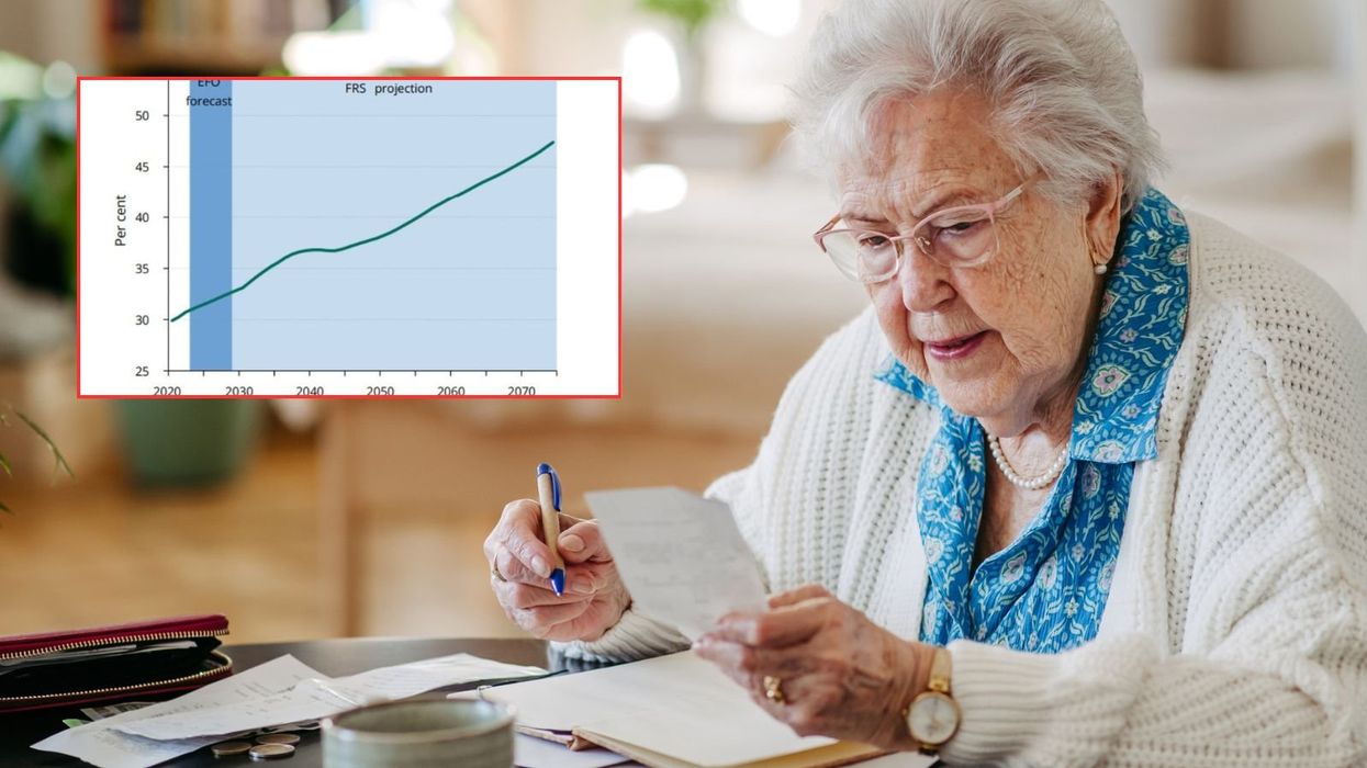 Older woman going over finances and House of Lords graph
