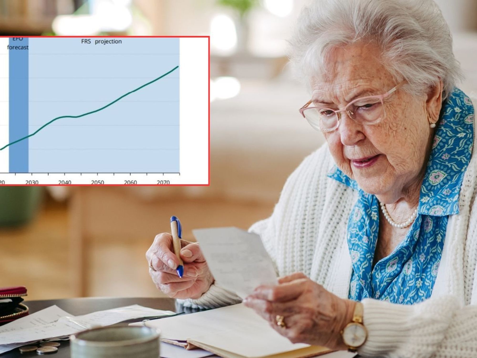 Older woman going over finances and House of Lords graph
