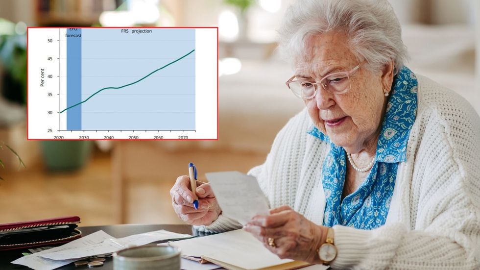 Older woman going over finances and House of Lords graph