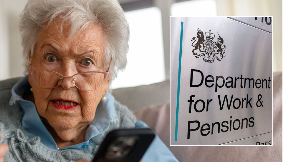 Older woman in shock and DWP sign
