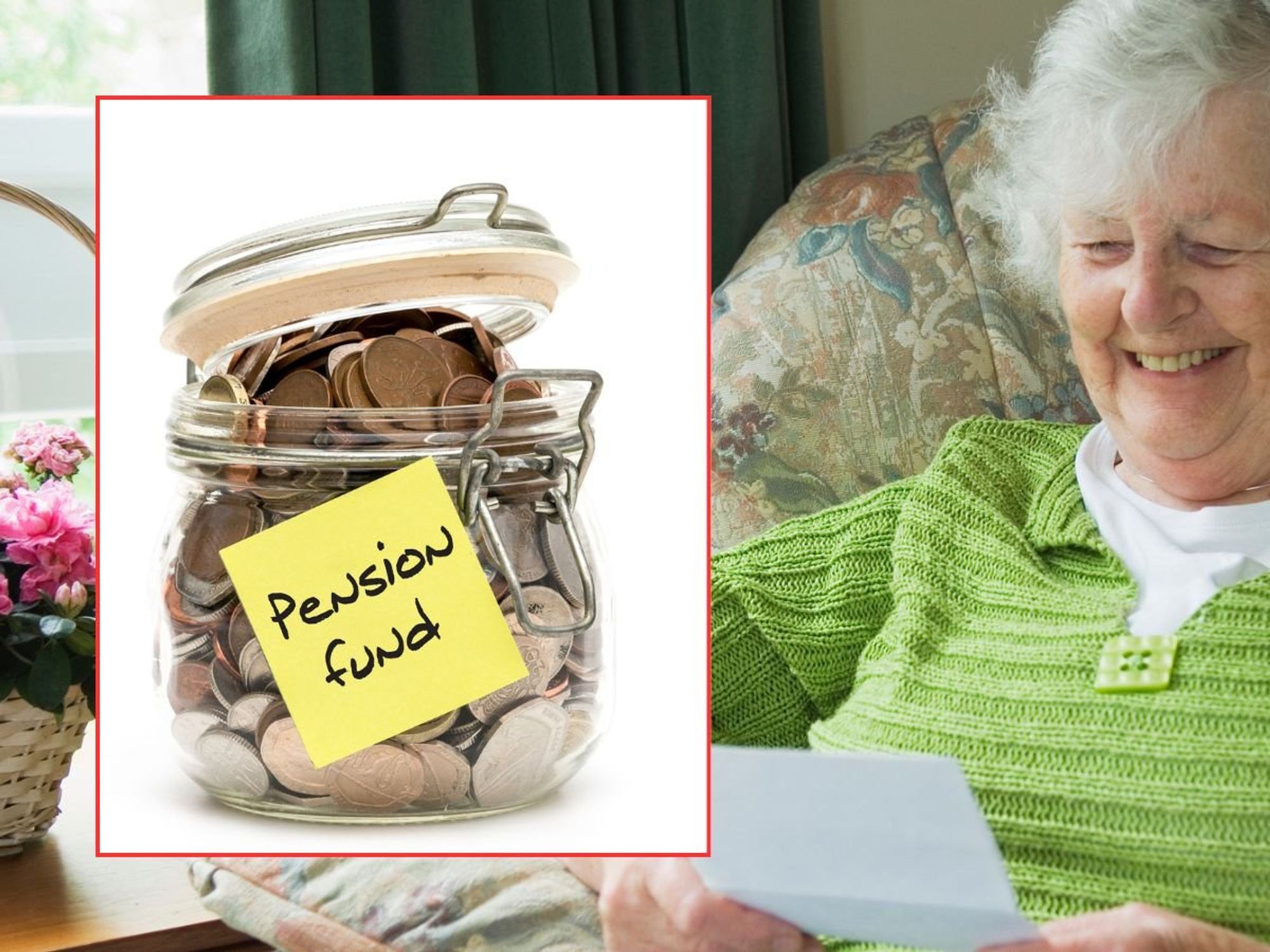 Older woman looking at letter and pension fund in pot